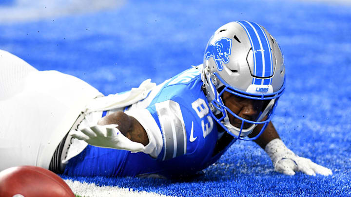Aug 23, 2025; Detroit, Michigan, USA; Detroit Lions wide receiver Jackson Meeks (83) attempts to down a punt against the Houston Texans in the first quarter at Ford Field. Mandatory Credit: Eamon Horwedel-Imagn Images