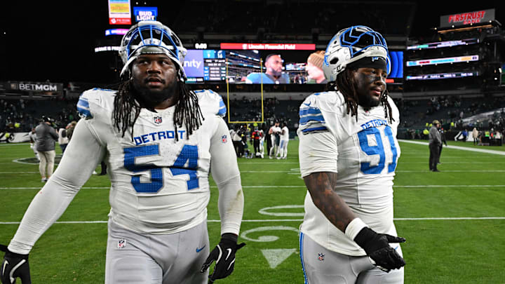 Nov 16, 2025; Philadelphia, Pennsylvania, USA; Detroit Lions defensive tackle Alim McNeill (54) and Detroit Lions defensive tackle Tyleik Williams (91) react after the game against the Philadelphia Eagles at Lincoln Financial Field. Mandatory Credit: Eric Hartline-Imagn Images