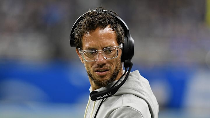 Aug 16, 2025; Detroit, Michigan, USA; Miami Dolphins head coach Mike McDaniels looks on from the sidelines in their game against the Detroit Lions in the first quarter at Ford Field. Mandatory Credit: Eamon Horwedel-Imagn Images