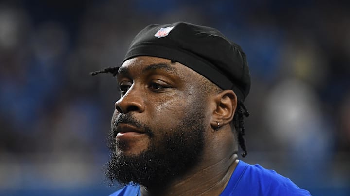 Sep 15, 2024; Detroit, Michigan, USA; Detroit Lions defensive end Levi Onwuzurike (91) looks on after their game against the Tampa Bay Buccaneers at Ford Field. Mandatory Credit: Eamon Horwedel-Imagn Images Sep 15, 2024; Detroit, Michigan, USA; Detroit Lions defensive end Levi Onwuzurike (91) looks on after their game against the Tampa Bay Buccaneers at Ford Field. Mandatory Credit: Eamon Horwedel-Imagn Images