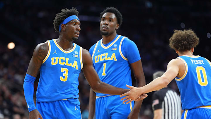 Mar 22, 2026; Philadelphia, PA, USA; UCLA Bruins forward Eric Dailey Jr. (3) reacts against the UConn Huskies in the first half during a second round game of the men's 2026 NCAA Tournament at Xfinity Mobile Arena. Mandatory Credit: Kyle Ross-Imagn Images