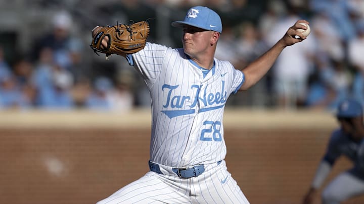 Jun 7, 2024; Chapel Hill, NC, USA; North Carolina Tar Heels Shea Sprague (28) pitches against the West Virginia Mountaineers in the second inning during the DI Baseball Super Regional at Boshamer Stadium.  Mandatory Credit: Jeffrey Camarati-USA TODAY Sports
