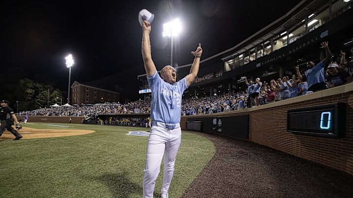Jun 3, 2024; Chapel Hill, NC, USA; North Carolina Tar Heels Head Coach Scott Forbes (21) celebrates his team’s win over the Louisiana State Tigers in the Div. I NCAA baseball regional at Boshamer Stadium.  Mandatory Credit: Jeffrey Camarati-USA TODAY Sports
