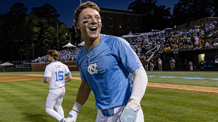 Jun 7, 2024; Chapel Hill, NC, USA; North Carolina Tar Heels Vance Honeycutt (7) celebrates his team’s win over the West Virginia Mountaineers in the DI Baseball Super Regional at Boshamer Stadium.  Mandatory Credit: Jeffrey Camarati-USA TODAY Sports
