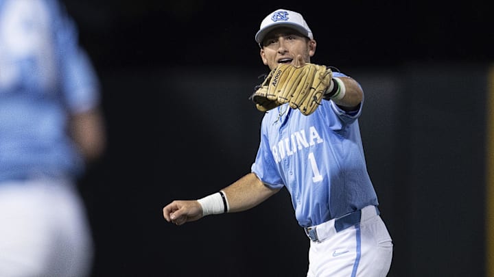 Jun 8, 2024; Chapel Hill, NC, USA; North Carolina Tar Heels Alex Madera (1) reacts to making an out against the West Virginia Mountaineers in the seventh inning of the DI Baseball Super Regional at Boshamer Stadium. Mandatory Credit: Jeffrey Camarati-Imagn Images
