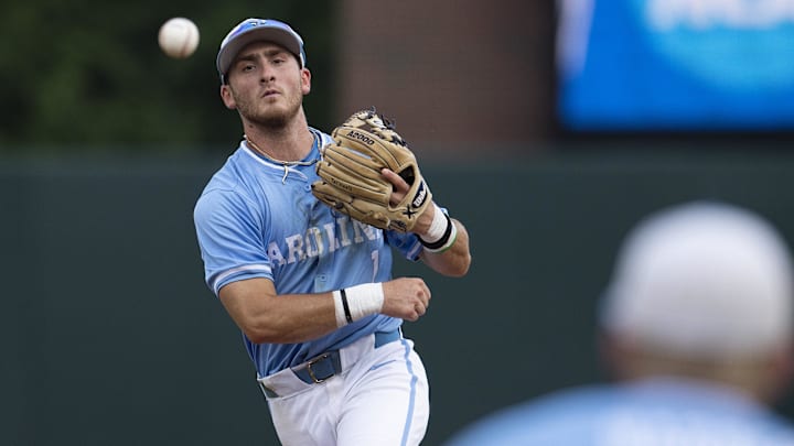 Jun 3, 2024; Chapel Hill, NC, USA;  North Carolina Tar Heels Alex Madera (1) makes a throw to first base for an out against the Louisiana State Tigers during the Div. I NCAA baseball regional at Boshamer Stadium.  Mandatory Credit: Jeffrey Camarati-Imagn Images
