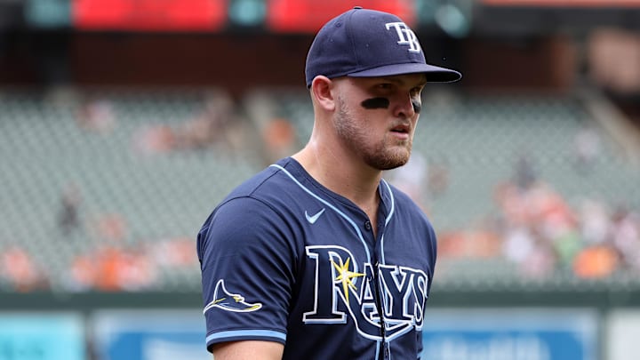 Jun 29, 2025; Baltimore, Maryland, USA; Tampa Bay Rays first baseman Curtis Mead (25) looks on before a game against the Baltimore Orioles at Oriole Park at Camden Yards. Mandatory Credit: Daniel Kucin Jr.-Imagn Images