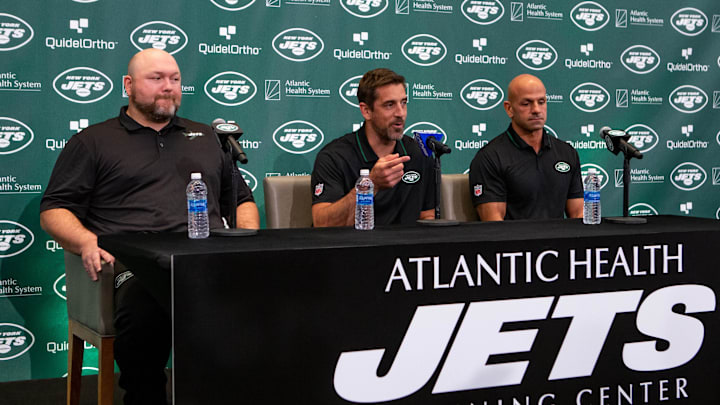 Apr 26, 2023; Florham Park, NJ, USA; New York Jets general manager Joe Douglas (left) quarterback
