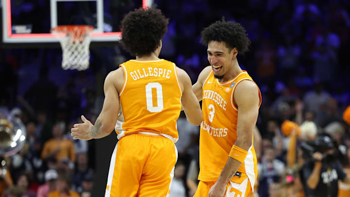 Mar 22, 2026; Philadelphia, PA, USA; Tennessee Volunteers guard Ja'kobi Gillespie (0) reacts with guard Bishop Boswell (3) in the second half during a second round game of the men's 2026 NCAA Tournament at Xfinity Mobile Arena. Mandatory Credit: Bill Streicher-Imagn Images