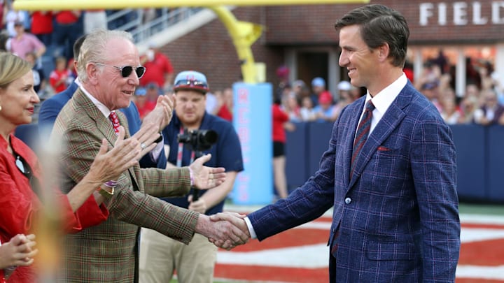 Oct 23, 2021; Oxford, Mississippi, USA; Mississippi Rebels former quarterbacks Archie Manning and