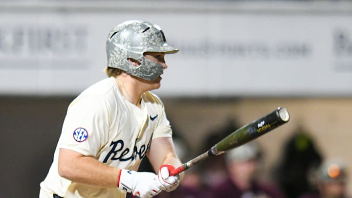 Ole Miss designated hitter Will Furniss (35) gets a single against Mississippi State at Swayze Field in Oxford, Miss., on Friday, Apr. 12, 2024.