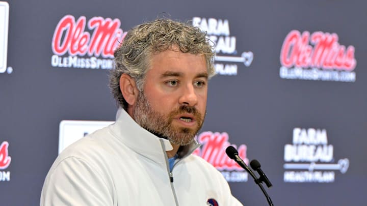 Ole Miss head football coach Pete Golding speaks at a press conference at the Manning Center at the University of Mississippi in Oxford, Miss. on Thursday, December 11, 2025. Ole Miss head football coach Pete Golding speaks at a press conference at the Manning Center at the University of Mississippi in Oxford, Miss. on Thursday, December 11, 2025.