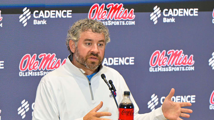 Ole Miss head football coach Pete Golding speaks at a press conference at the Manning Center at the University of Mississippi in Oxford, Miss. on Thursday, December 11, 2025. Ole Miss head football coach Pete Golding speaks at a press conference at the Manning Center at the University of Mississippi in Oxford, Miss. on Thursday, December 11, 2025.