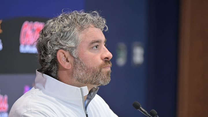 Ole Miss head football coach Pete Golding speaks at a press conference at the Manning Center at the University of Mississippi in Oxford, Miss. on Thursday, December 11, 2025. Ole Miss head football coach Pete Golding speaks at a press conference at the Manning Center at the University of Mississippi in Oxford, Miss. on Thursday, December 11, 2025.