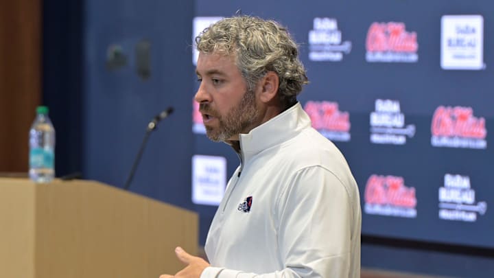 Ole Miss head football coach Pete Golding speaks at a press conference at the Manning Center at the University of Mississippi in Oxford, Miss. on Thursday, December 11, 2025. Ole Miss head football coach Pete Golding speaks at a press conference at the Manning Center at the University of Mississippi in Oxford, Miss. on Thursday, December 11, 2025.