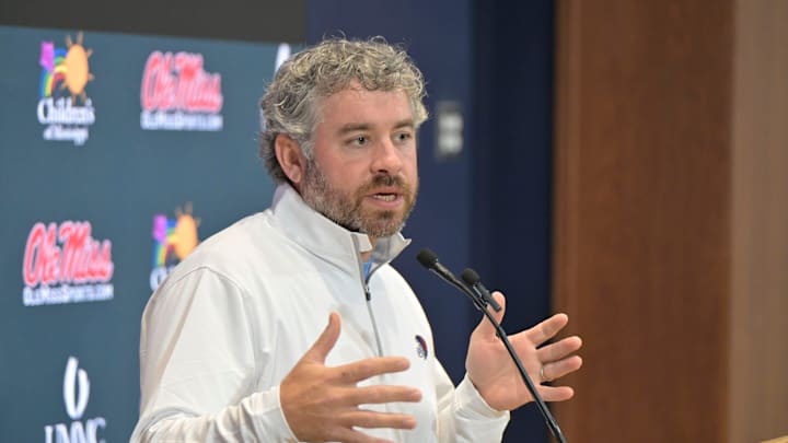 Ole Miss head football coach Pete Golding speaks at a press conference at the Manning Center at the University of Mississippi in Oxford, Miss. on Thursday, December 11, 2025.