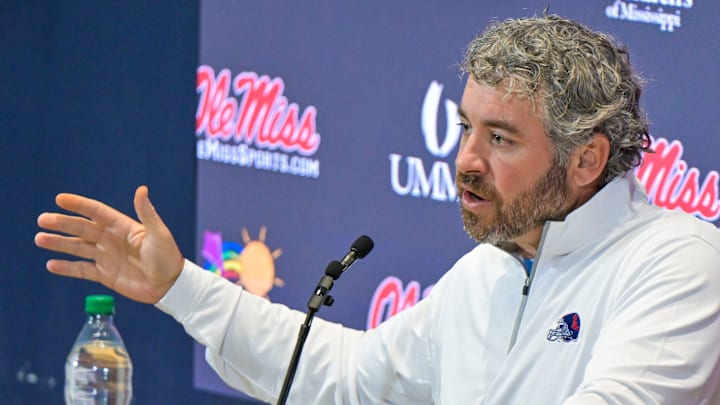 Ole Miss head football coach Pete Golding speaks at a press conference at the Manning Center at the University of Mississippi in Oxford, Miss. on Thursday, December 11, 2025.