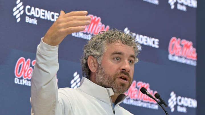 Ole Miss head football coach Pete Golding speaks at a press conference at the Manning Center at the University of Mississippi in Oxford, Miss. on Thursday, December 11, 2025.