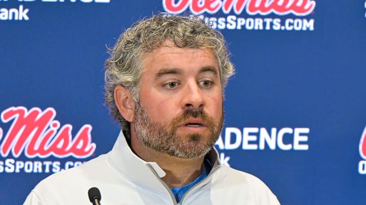 Ole Miss head football coach Pete Golding speaks at a press conference at the Manning Center at the University of Mississippi in Oxford, Miss. on Thursday, December 11, 2025.