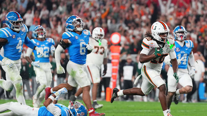 Jan 8, 2026; Glendale, AZ, USA; Miami Hurricanes wide receiver Malachi Toney (10) makes a catch for a touchdown against the Mississippi Rebels in the second half during the 2026 Fiesta Bowl and semifinal game of the College Football Playoff at State Farm Stadium. Mandatory Credit: Joe Camporeale-Imagn Images Jan 8, 2026; Glendale, AZ, USA; Miami Hurricanes wide receiver Malachi Toney (10) makes a catch for a touchdown against the Mississippi Rebels in the second half during the 2026 Fiesta Bowl and semifinal game of the College Football Playoff at State Farm Stadium. Mandatory Credit: Joe Camporeale-Imagn Images