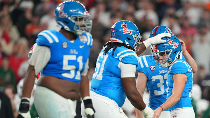 Jan 8, 2026; Glendale, AZ, USA; Mississippi Rebels kicker Lucas Carneiro (17) reacts after kicking a field goal against the Miami Hurricanes in the second half during the 2026 Fiesta Bowl and semifinal game of the College Football Playoff at State Farm Stadium. Mandatory Credit: Joe Camporeale-Imagn Images