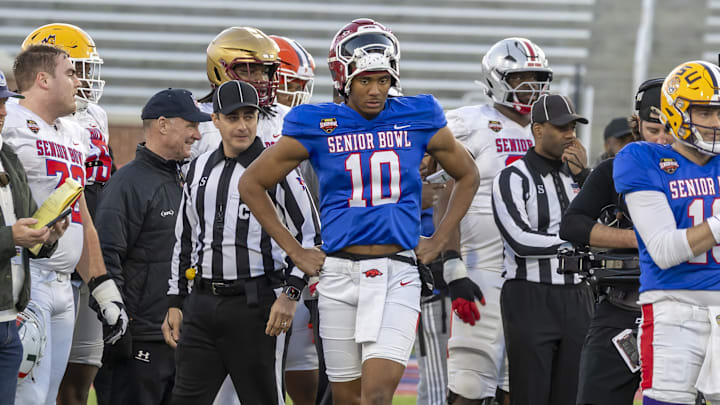 Jan 28, 2026; Mobile, AL, USA; American Team quarterback Taylen Green (10) of Arkansas tracks plays during American Senior Bowl practice at Hancock Whitney Stadium. Mandatory Credit: Vasha Hunt-Imagn Images