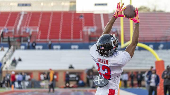 Jan 29, 2026; Mobile, AL, USA; American wide receiver Cyrus Allen (13) of Cincinnati grabs a touchdown pass during American Senior Bowl practice at Hancock Whitney Stadium. Mandatory Credit: Vasha Hunt-Imagn Images