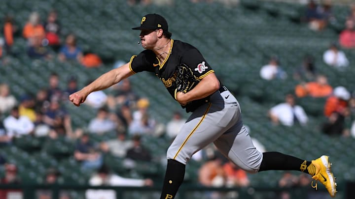 May 29, 2024; Detroit, Michigan, USA; Pittsburgh Pirates pitcher Paul Skenes (30) throws a pitch against the Detroit Tigers in the sixth inning at Comerica Park. Mandatory Credit: Lon Horwedel-USA TODAY Sports