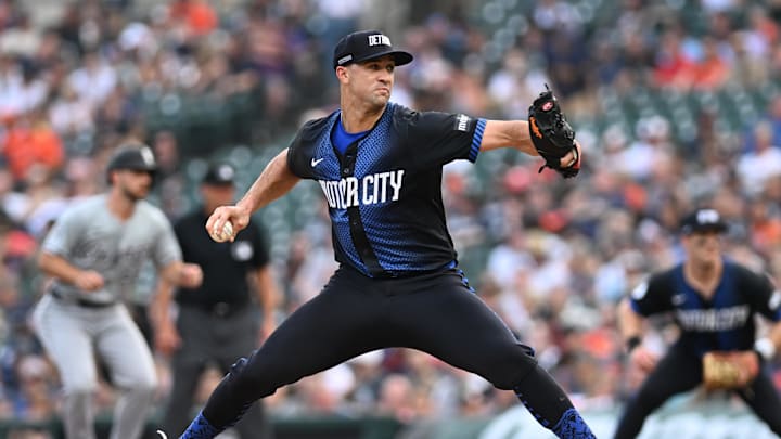 Jun 21, 2024; Detroit, Michigan, USA; Detroit Tigers starting pitcher Jack Flaherty (9) throws a pitch against the Chicago White Sox in the second inning at Comerica Park. Mandatory Credit: Lon Horwedel-USA TODAY Sports
