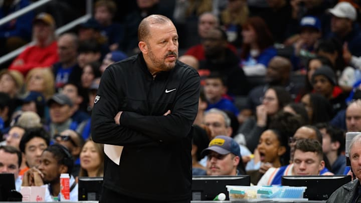 Dec 30, 2024; Washington, District of Columbia, USA; New York Knicks head coach Tom Thibodeau looks on during the third quarter against the Washington Wizards at Capital One Arena. Mandatory Credit: Reggie Hildred-Imagn Images