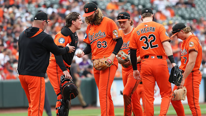 Apr 19, 2025; Baltimore, Maryland, USA; Baltimore Orioles pitcher Brandon Young (63) walks off the field during the fourth inning against the Cincinnati Reds at Oriole Park at Camden Yards. Mandatory Credit: Daniel Kucin Jr.-Imagn Images