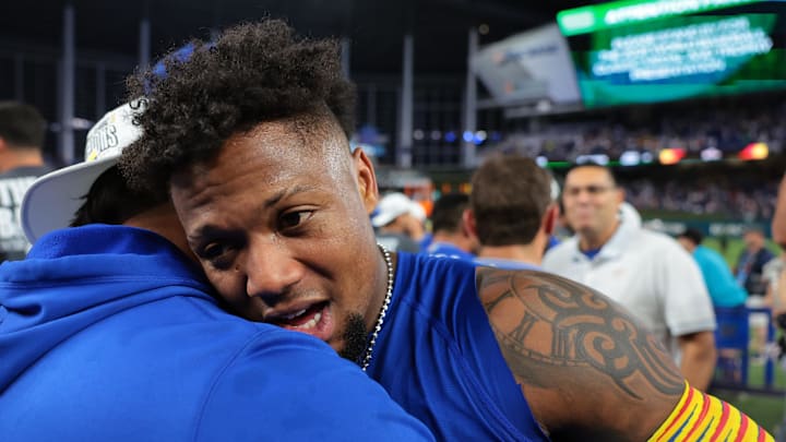 Mar 17, 2026; Miami, FL, United States; Venezuela outfielder Ronald Acuna Jr. (21) reacts after defeating the United States during the 2026 World Baseball Classic Championship game at loanDepot Park.