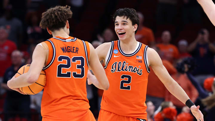 Mar 26, 2026; Houston, TX, USA; Illinois Fighting Illini guard Keaton Wagler (23) and guard Andrej Stojakovic (2) reacts after the game in a Sweet Sixteen game of the South Regional of the men's 2026 NCAA Tournament at Toyota Center. Mandatory Credit: Troy Taormina-Imagn Images Mar 26, 2026; Houston, TX, USA; Illinois Fighting Illini guard Keaton Wagler (23) and guard Andrej Stojakovic (2) reacts after the game in a Sweet Sixteen game of the South Regional of the men's 2026 NCAA Tournament at Toyota Center. Mandatory Credit: Troy Taormina-Imagn Images