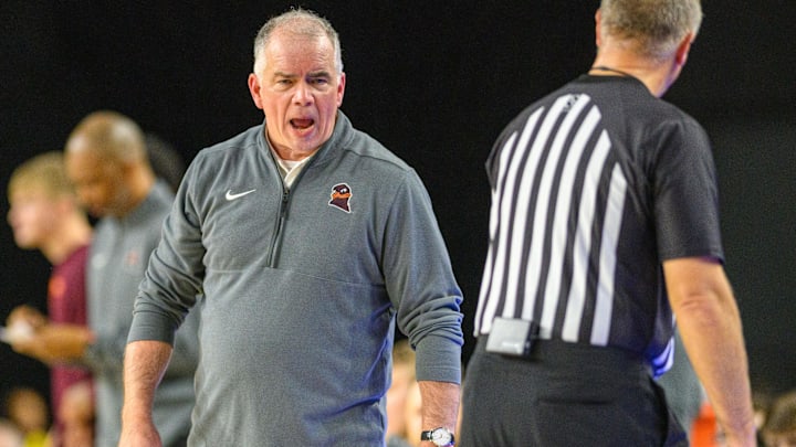 Nov 15, 2024; Baltimore, Maryland, USA; Virginia Tech Hokies head coach Mike Young reacts during the first half against the Penn State Nittany Lions at CFG Bank Arena. Mandatory Credit: Reggie Hildred-Imagn Images