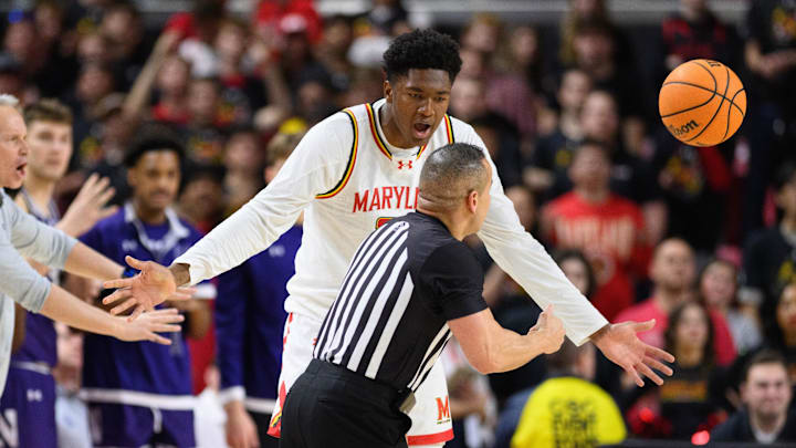 Mar 8, 2025; College Park, Maryland, USA; Maryland Terrapins center Derik Queen (25) reacts during the second half against the Northwestern Wildcats at Xfinity Center. Mandatory Credit: Reggie Hildred-Imagn Images