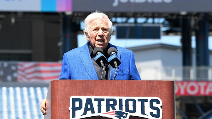 Apr 26, 2024; Foxborough, MA, USA; New England Patriots owner Robert Kraft introduces the team's number one draft pick on the game field at Gillette Stadium. Mandatory Credit: Eric Canha-Imagn Images