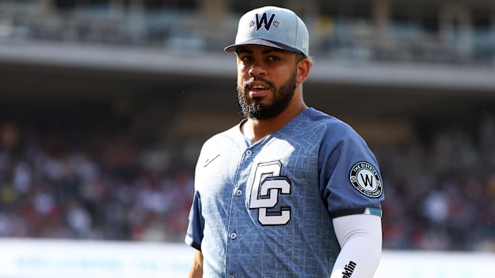 Jul 5, 2025; Washington, District of Columbia, USA; Washington Nationals second baseman Luis Garcia Jr. (2) looks on during the fifth inning against the Boston Red Sox at Nationals Park. Mandatory Credit: Daniel Kucin Jr.-Imagn Images