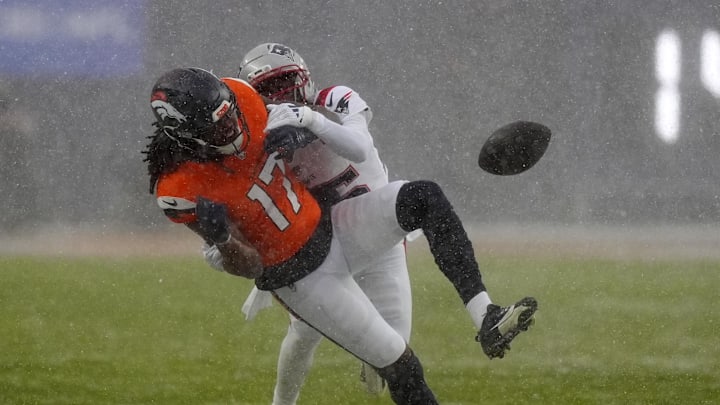 Jan 25, 2026; Denver, CO, USA; Denver Broncos wide receiver Lil'jordan Humphrey (17) attempts to make a catch against the New England Patriots during the second half in the 2026 AFC Championship Game at Empower Field at Mile High. Mandatory Credit: Ron Chenoy-Imagn Images