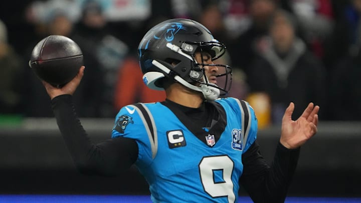 Nov 10, 2024; Munich, Germany; Carolina Panthers quarterback Bryce Young (9) throws the ball against the New York Giants in the first half during the 2024 NFL Munich Game at Allianz Arena. Mandatory Credit: Kirby Lee-Imagn Images