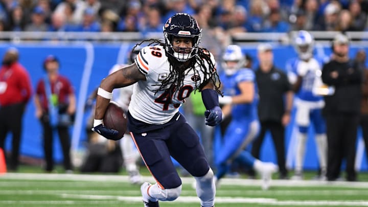 Nov 19, 2023; Detroit, Michigan, USA; Chicago Bears linebacker Tremaine Edmunds (49) runs with the ball after intercepting a pass against the Detroit Lions in the third quarter at Ford Field. Mandatory Credit: Lon Horwedel-Imagn Images