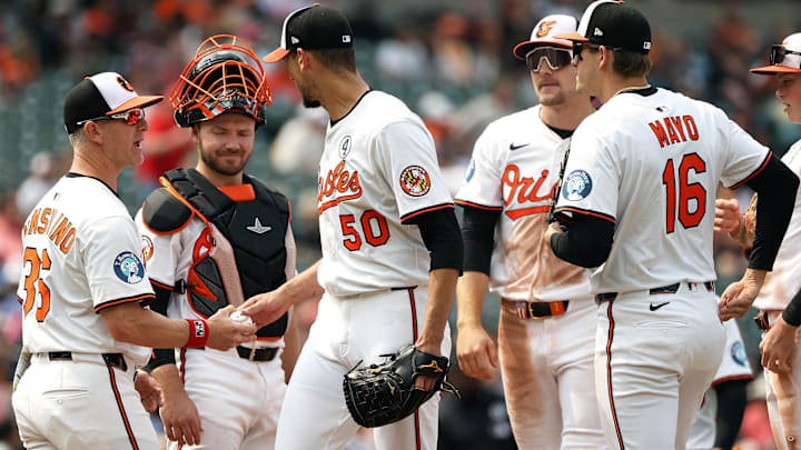 Jun 1, 2025; Baltimore, Maryland, USA; Baltimore Orioles pitcher Charlie Morton (50) walks off of the mound during the seventh inning against the Chicago White Sox at Oriole Park at Camden Yards. Mandatory Credit: Daniel Kucin Jr.-Imagn Images