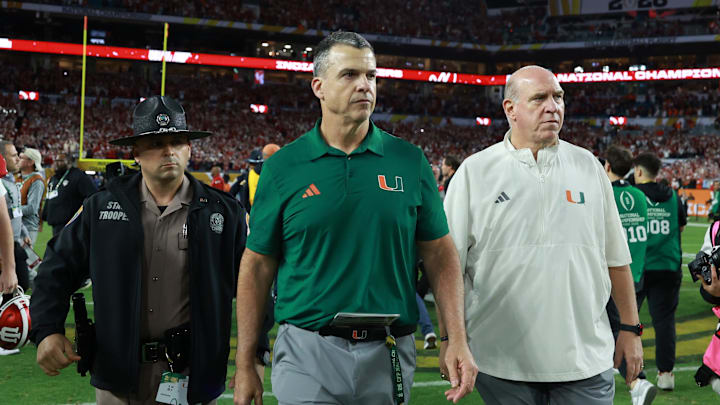 Jan 19, 2026; Miami Gardens, FL, USA; Miami Hurricanes head coach Mario Cristobal reacts after the College Football Playoff National Championship game at Hard Rock Stadium. Mandatory Credit: Mark J. Rebilas-Imagn Images