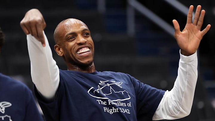 Jan 29, 2026; Washington, District of Columbia, USA; Washington Wizards forward Khris Middleton (22)celebrates before a game against the Milwaukee Bucks at Capital One Arena. Mandatory Credit: Daniel Kucin Jr.-Imagn Images