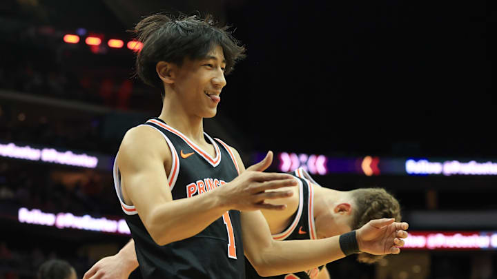 Dec 21, 2024; Newark, New Jersey, USA; St. John's transfer portal target Xaivian Lee (1) react after a timeout call against the Rutgers Scarlet Knights during the first half at Prudential Center. 