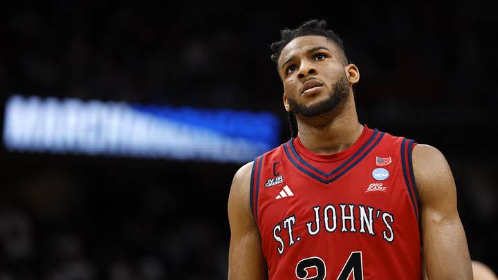 Mar 27, 2026; Washington, DC, USA; St. John's Red Storm forward Zuby Ejiofor (24) reacts after losing to Duke Blue Devils during a Sweet Sixteen game of the East Regional of the men's 2026 NCAA Tournament at Capital One Arena. Mar 27, 2026; Washington, DC, USA; St. John's Red Storm forward Zuby Ejiofor (24) reacts after losing to Duke Blue Devils during a Sweet Sixteen game of the East Regional of the men's 2026 NCAA Tournament at Capital One Arena.