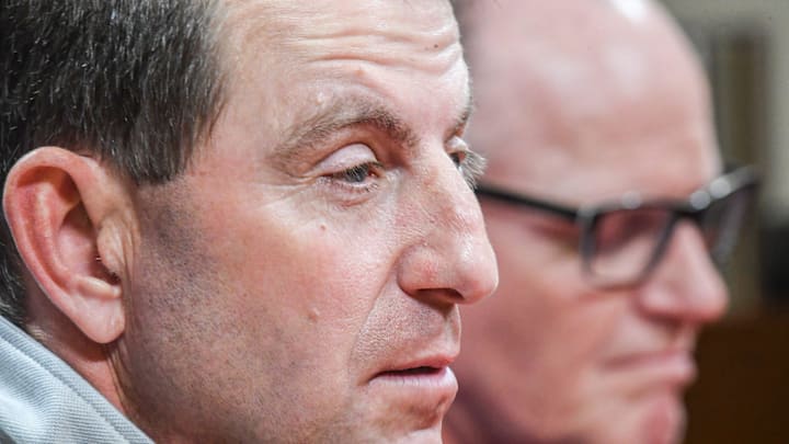 Clemson Head Coach Dabo Swinney introduces newly hired football defensive coordinator Tom Allen, formerly at Penn State University, in the Smart Family Media Center at Clemson University in Clemson, S.C. Wednesday, January 15, 2024.