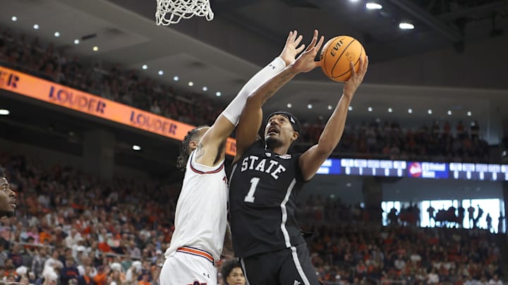 Mar 2, 2024; Auburn, Alabama, USA; Mississippi State Bulldogs forward Tolu Smith (1) takes a shot
