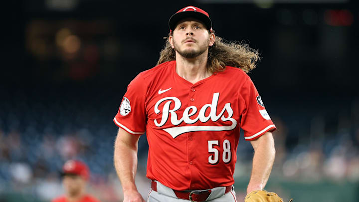 Jul 21, 2025; Washington, District of Columbia, USA; Cincinnati Reds pitcher Scott Barlow (58) looks on during the fourth inning against the Washington Nationals at Nationals Park. Mandatory Credit: Daniel Kucin Jr.-Imagn Images