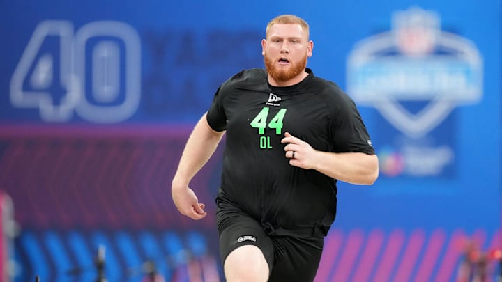 Mar 1, 2026; Indianapolis, IN, USA; Georgia Tech offensive lineman Keylan Rutledge (OL44) during the NFL Scouting Combine at Lucas Oil Stadium. Mandatory Credit: Kirby Lee-Imagn Images