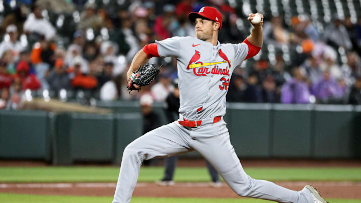 May 27, 2025; Baltimore, Maryland, USA; St. Louis Cardinals pitcher Steven Matz (32) throws during the sixth inning against the Baltimore Orioles at Oriole Park at Camden Yards. Mandatory Credit: Daniel Kucin Jr.-Imagn Images